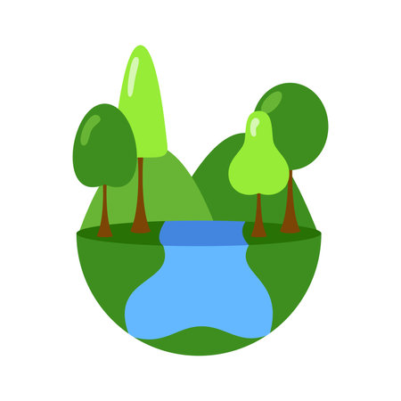 Vector illustration of green trees and lake in flat style isolated on white background.のイラスト素材