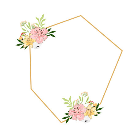 Floral frame with pink and yellow flowers and leaves. Vector illustration.のイラスト素材