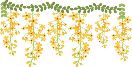 Floral border with yellow flowers and green leaves on a white backgroundのイラスト素材