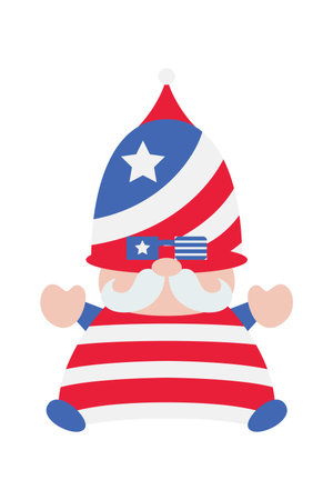 Patriotic Gnomes Illustration. Funny gnomes in America Independence Day costume carnival. 4th of July Gnome Clipart is suitable for Celebrating of 4th of July vector element designのイラスト素材