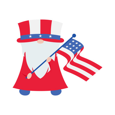 Patriotic Gnomes Illustration. Funny gnomes in America Independence Day costume carnival. 4th of July Gnome Clipart is suitable for Celebrating of 4th of July vector element designのイラスト素材