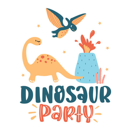 Dinosaur party poster with cute dinosaurs and lettering. Vector illustration.のイラスト素材