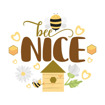 Vector illustration with bees and honeycombs. Lettering - bee nICE.のイラスト素材
