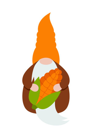 Illustration of a gnome in a hat and with corn. Thanksgiving gnomes illustration. Cute Cartoon fall gnomes isolated in white background.のイラスト素材