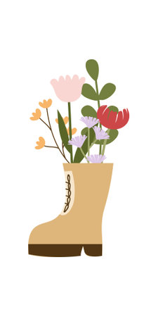 Bouquet of spring flowers in a boot. Vector illustration.のイラスト素材