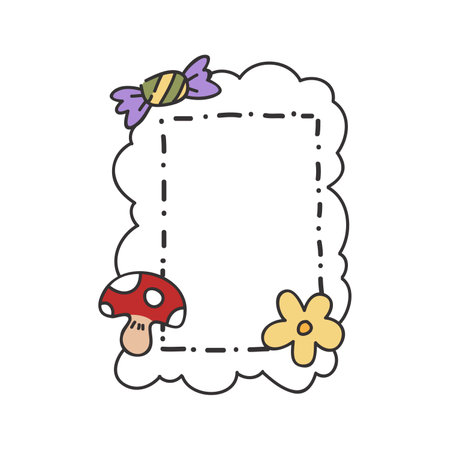 Cute cartoon frame with mushroom, candy and flower. Vector illustrationのイラスト素材