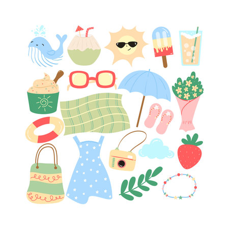 Set of cute summer elements. Vector illustration in doodle style.のイラスト素材