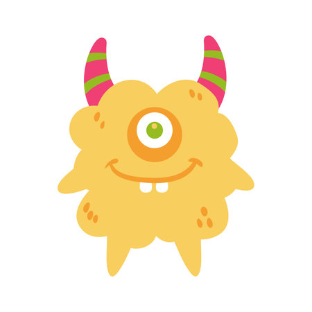 Funny cartoon monster with horns. Vector illustration isolated on white background.のイラスト素材