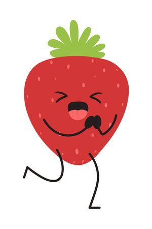 Funny strawberry character running. Vector illustration isolated on white background.のイラスト素材