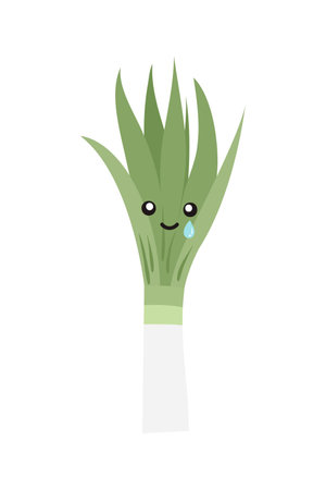 Cute leek vegetable cartoon vector illustration. Cute green leek vegetable character.のイラスト素材