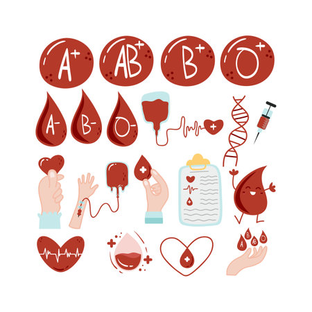 Blood donation and transfusion icons set. Vector illustration in flat styleのイラスト素材