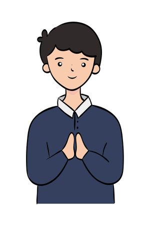 young man with hands clasped in namaste gesture vector illustration designのイラスト素材
