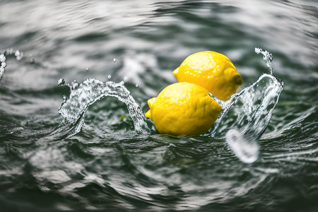 Lemons in the water with splash and drops of water.の素材