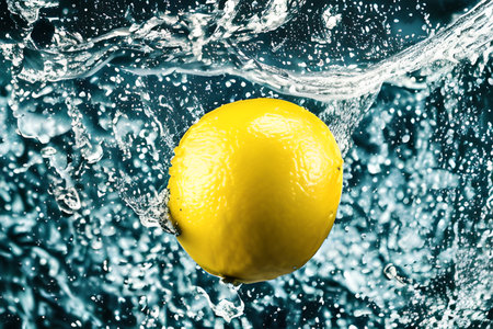 Lemon falling into water with a splash on a dark blue backgroundの素材