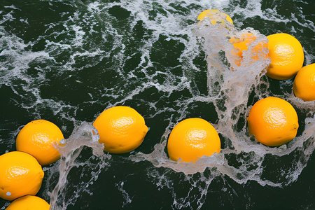 Lemons and oranges in a spray of water on a dark backgroundの素材