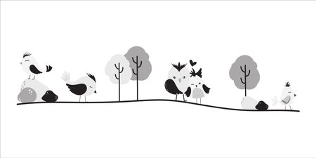 Vector illustration of a flock of birds in the forest on a white backgroundのイラスト素材