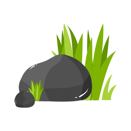 Black stone with grass icon. Flat illustration of black stone with grass vector icon for webのイラスト素材