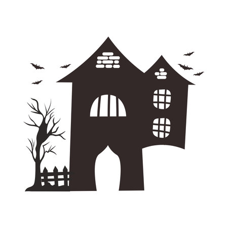 Halloween black and white vector illustration of scary haunted house with trees and batsのイラスト素材