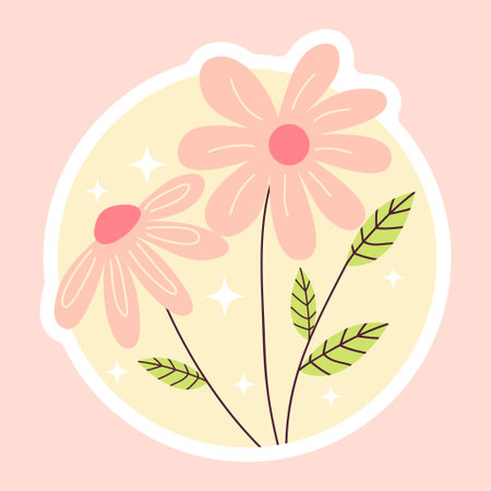 Cute vector illustration with pink flowers and stars on pink background.のイラスト素材