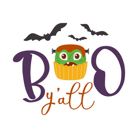 Boho lettering with Halloween cupcake and bats. Vector illustration.のイラスト素材