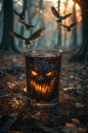 A glass of Halloween cocktail with a scary face in the forest.の素材