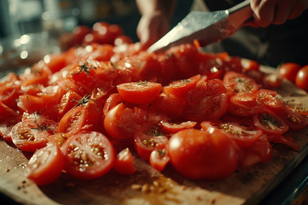 Chef slicing tomatoes in a restaurant kitchen. Selective focus.の素材