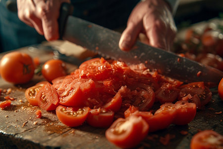 Close up of a man's hands cutting fresh tomatoes with a knife.の素材