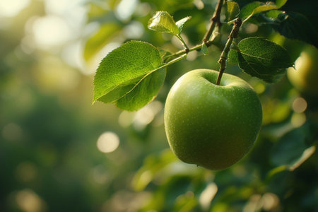 Green apple on the tree in the garden. Selective focus.の素材