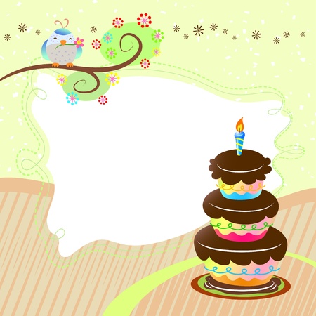 birthday card with cake and cute birdのイラスト素材