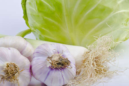 an autumnal cabbage, garlic and leek gemüse kompozitionの写真素材