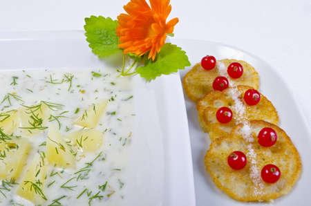 traditionele Polish dill soup with fresh dill and potatoの写真素材