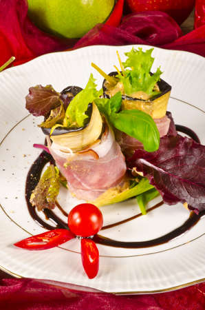 Aubergine beefs olive with Parma hamの写真素材