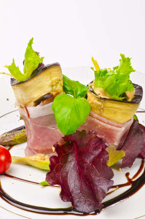 Aubergine beefs olive with Parma hamの写真素材