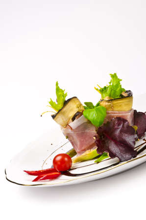 Aubergine beefs olive with Parma hamの写真素材