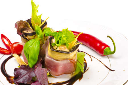 Aubergine beefs olive with Parma hamの写真素材