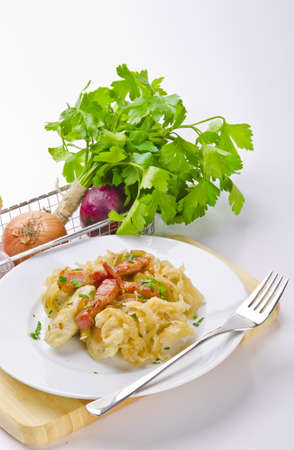 Silesian potato dumplings with smoked pork and sauerkrautの写真素材