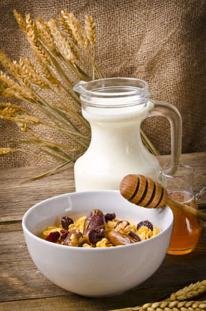 Muesli with low-fat milk and ruskの写真素材