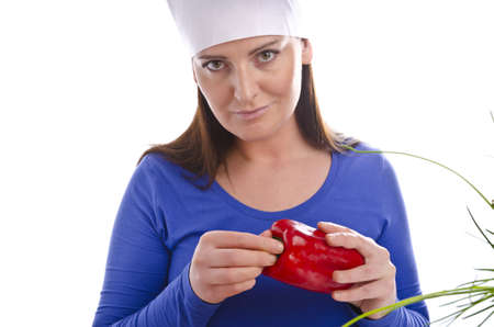 Woman with paprika and cucumberの写真素材