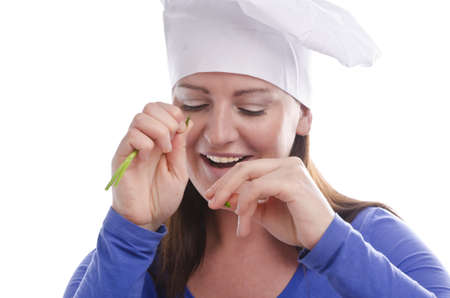 Woman with paprika and cucumberの写真素材