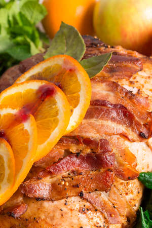 baked turkey with chestnut filling and orangeの写真素材