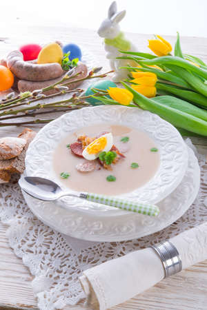 Polish Easter soup with egg and sausageの写真素材
