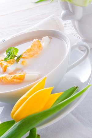 Polish Easter soup with egg and sausageの写真素材