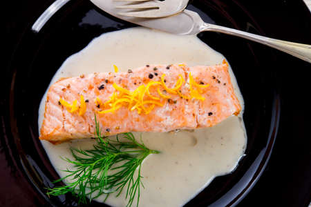 salmon grilled with dill and boiled potatoの写真素材
