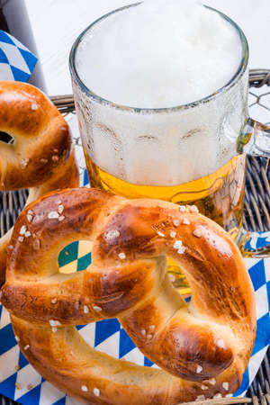 homemade pretzels and bavarian beerの写真素材