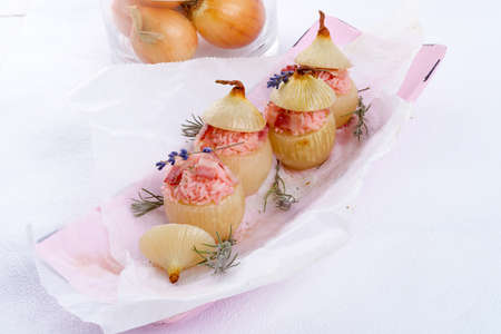stuffed onions with pink riceの写真素材
