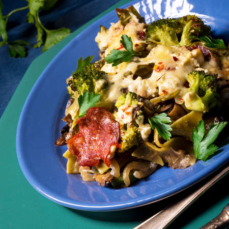 Ribbon pasta Casserole with chorizo and vegetablesの写真素材