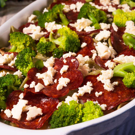 Ribbon pasta Casserole with chorizo and vegetablesの写真素材