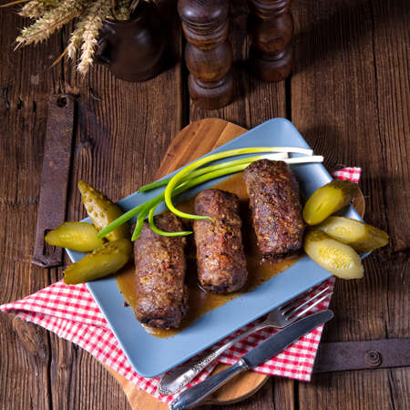 baked beef Roulades with delicious fillingsの写真素材