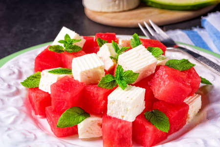 Greek Salad with watermelon, feta and fresh mintの写真素材