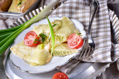 Swabian ravioli gratinated with cheeseの写真素材